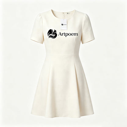 Artpoem Women Short Sleeve Round Neck A-Line Mini Dress, Elegant Work Office Flared Skater Dress, Casual Business Wedding Guest Short Cream Dress with Back Zipper