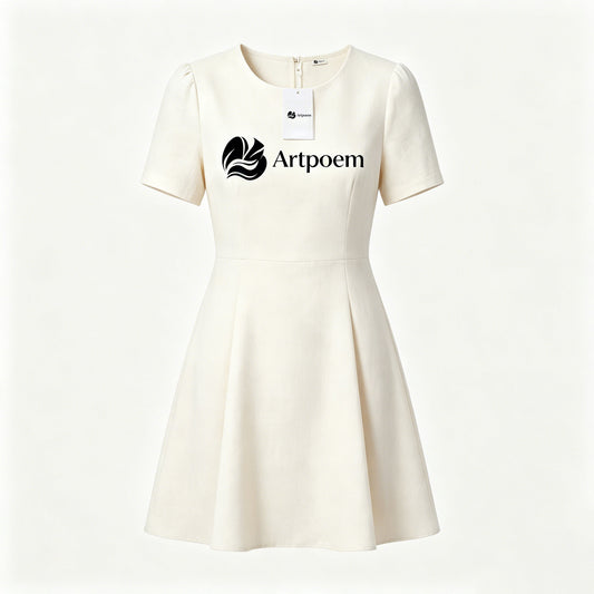 Artpoem Women Short Sleeve Round Neck A-Line Mini Dress, Elegant Work Office Flared Skater Dress, Casual Business Wedding Guest Short Cream Dress with Back Zipper