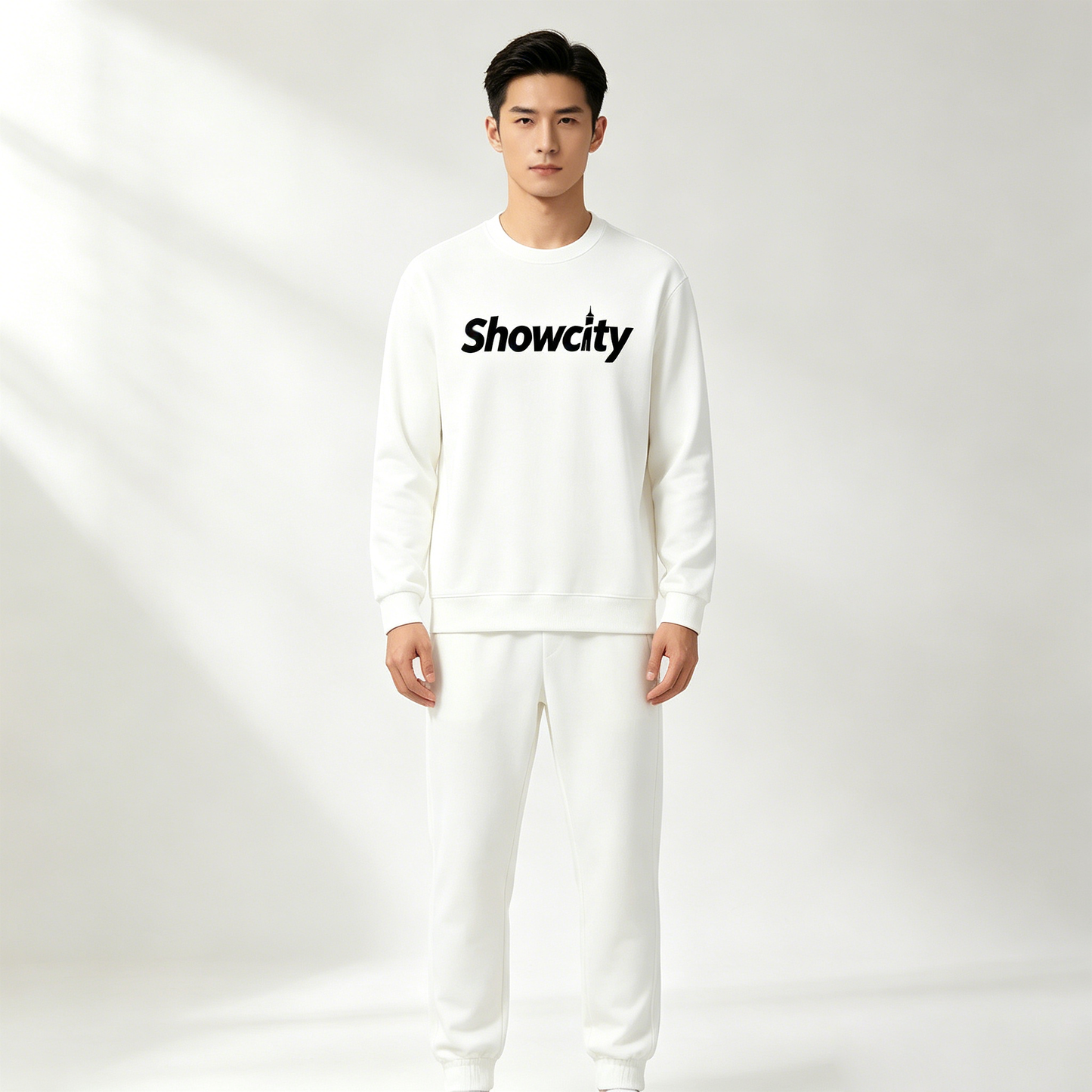 Showcity Classic White Men’s 2-Piece Sweatsuit Crew Neck Graphic Sweatshirt Elastic Cuff Joggers Street Casual Tracksuit