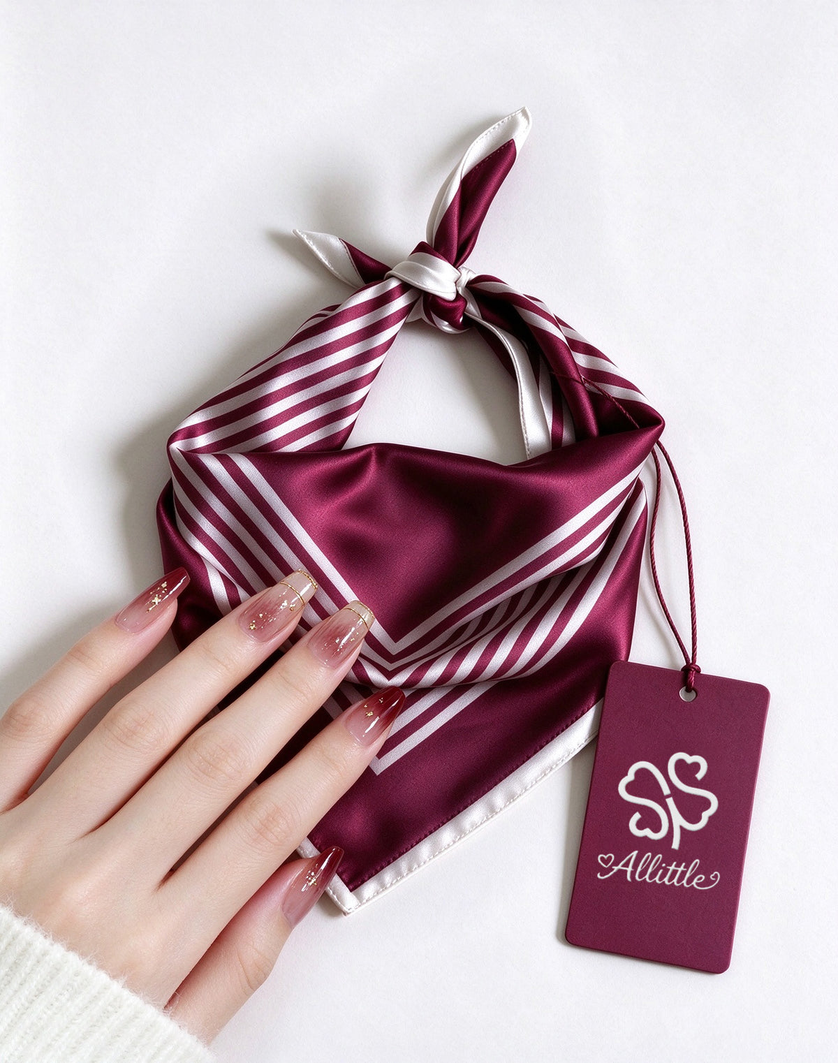 Allittle Satin Neck Scarf for Women, Burgundy White Striped Decorative Bandana, Retro Square Neckerchief for Outfit Accessory