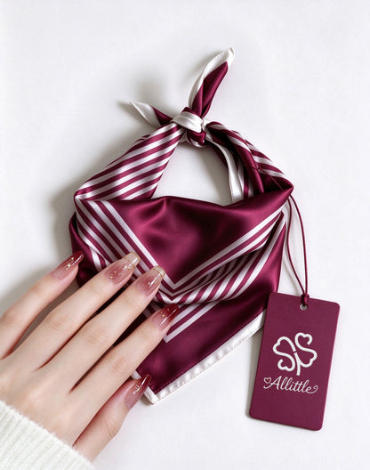 Allittle Satin Neck Scarf for Women, Burgundy White Striped Decorative Bandana, Retro Square Neckerchief for Outfit Accessory