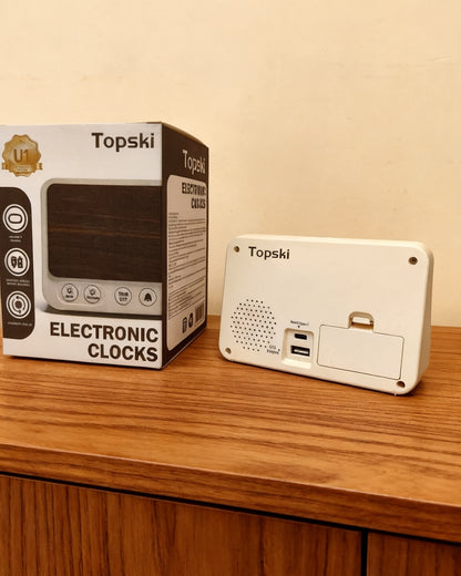 Topski Wooden Texture Electronic clocks, Adjustable LED Brightness Snooze Alarm Clock with USB Charging Port, Dual Power Supply Bedroom Bedside Electronic Clock for Students, Office Workers, Home Decor