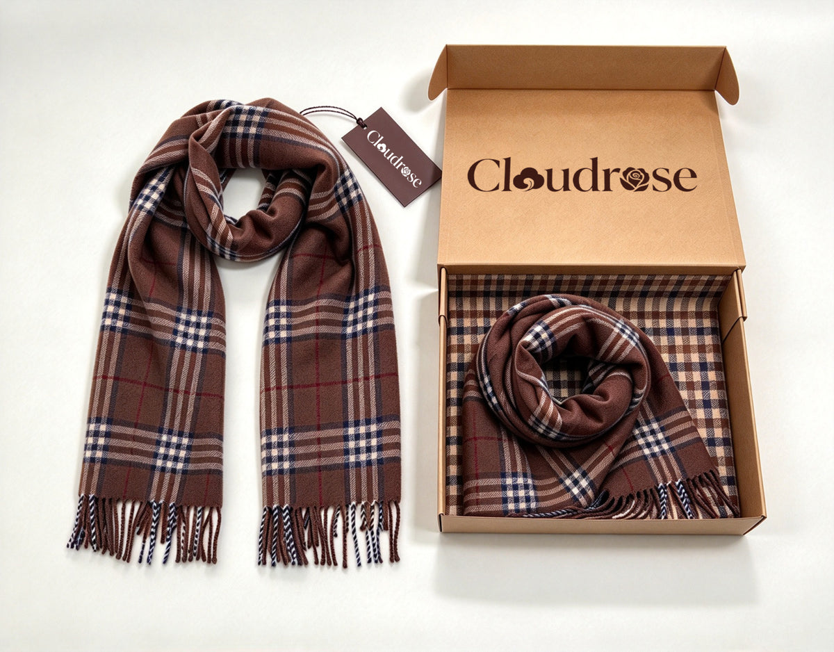 Cloudrose Plaid Tassel Scarf, Soft Warm Lightweight Wrap Scarf for Men Women, Classic Checked Scarves for Fall Winter Daily Wear Gift Box Included