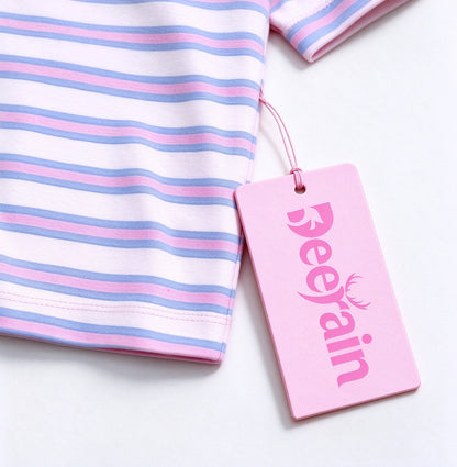 Deerain Kids Short Sleeve T-Shirt, Pink Blue White Striped Crew Neck Crop Top, Letter Print Casual Tee for Girls