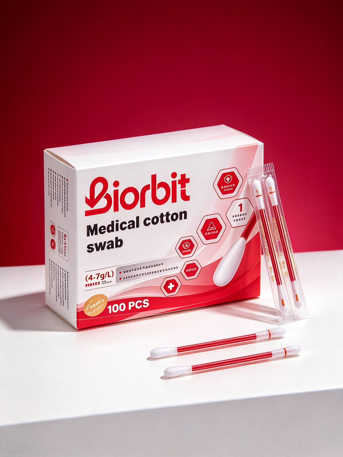 Biorbit Medical Cotton Swabs, 100 Count, Individually Wrapped Disposable Cotton Applicator Sticks for Wound Care, Skin Cleaning & First Aid
