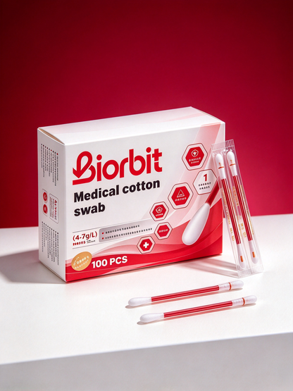 Biorbit Medical Cotton Swabs, 100 Count, Individually Wrapped Disposable Cotton Applicator Sticks for Wound Care, Skin Cleaning & First Aid