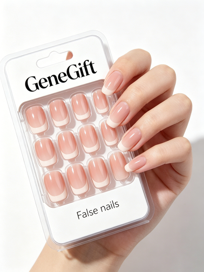 GeneGift Nude French Tip Press On False Nails, Medium Square Gradient Fake Nail Kit, Reusable Glossy Full Cover Nail Tips for Daily Office Wedding DIY Manicure