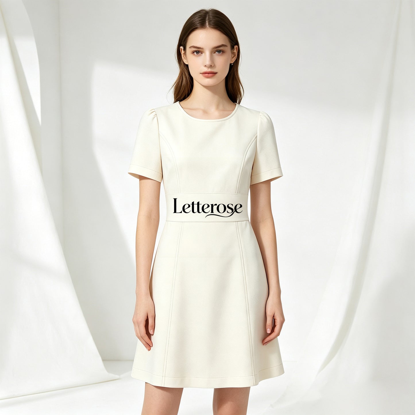 Letterose Women Short Sleeve Round Neck Mini Dress, Elegant Waist Slimming A Line Flare Dress Business Casual Office Wedding Guest Short Dress
