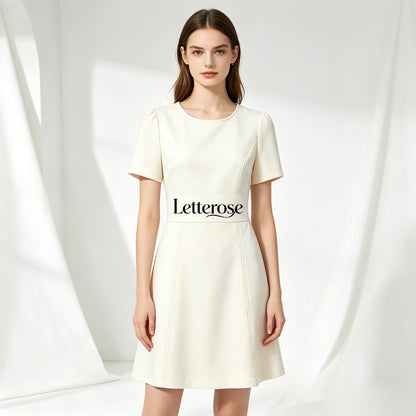 Letterose Women Short Sleeve Round Neck Mini Dress, Elegant Waist Slimming A Line Flare Dress Business Casual Office Wedding Guest Short Dress