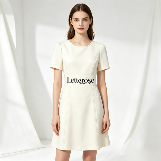 Letterose Women Short Sleeve Round Neck Mini Dress, Elegant Waist Slimming A Line Flare Dress Business Casual Office Wedding Guest Short Dress