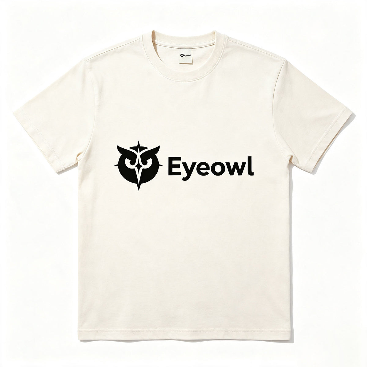 Eyeowl Cream White Casual Short Sleeve T‑Shirt, Soft Breathable Everyday Basic Tee With Chest Logo Graphic