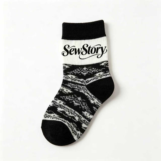 SewStory Vintage Nordic Pattern Crew Socks, Soft Cotton Casual Socks for Women & Men, Retro Black & White Mid-Calf Socks, Stylish Everyday Wear