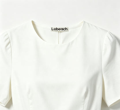 Lebeach Women White Short Sleeve A-Line Dress, Crew Neck Waist Midi Dress, Elegant Casual Office Work Flare Dress for Ladies