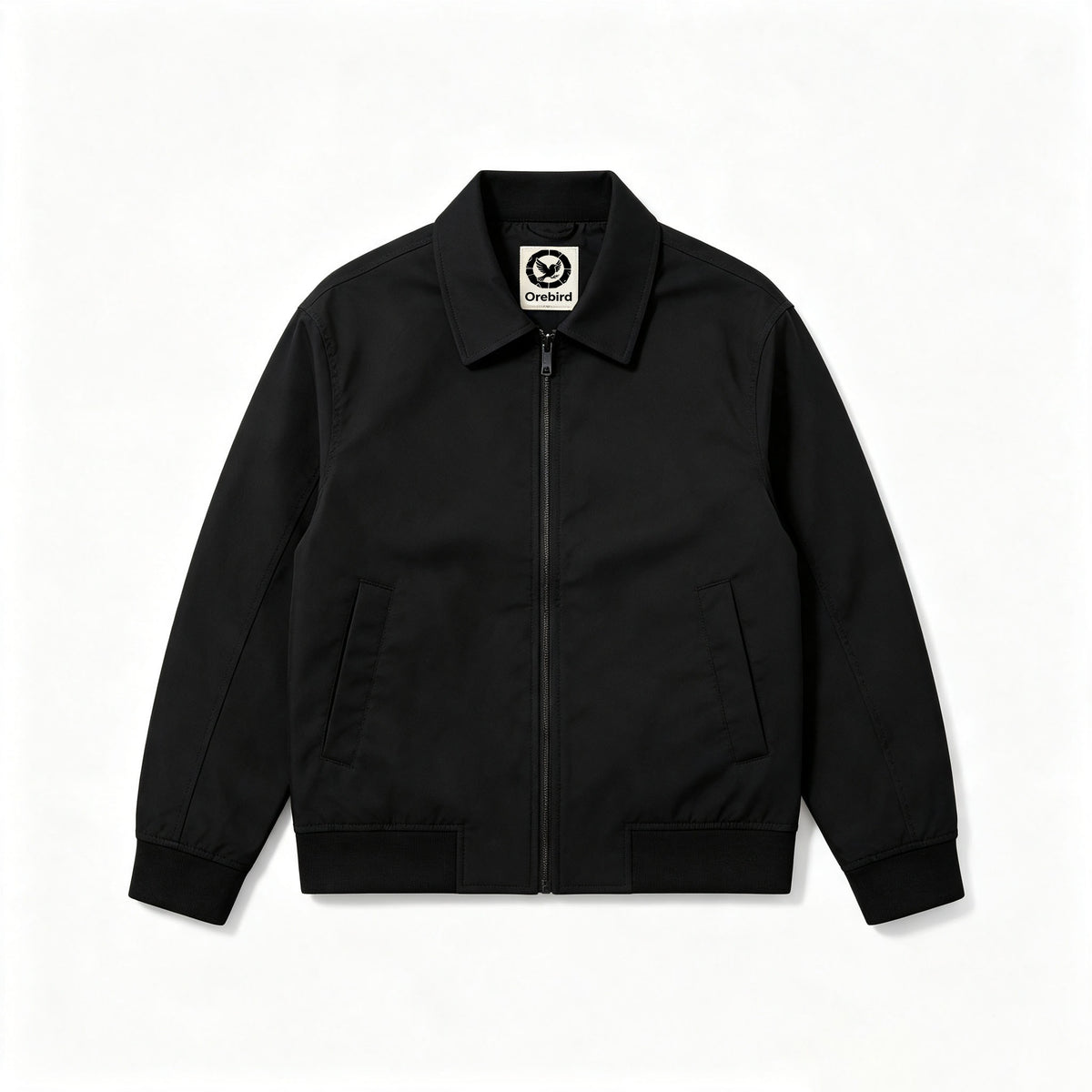 Orebird Solid Black Turn‑Down Collar Anorak Jacket, Durable Windproof Full‑Zip Bomber Coat, All‑Season Casual Outdoor Outerwear With Side Pockets