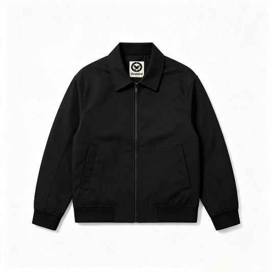 Orebird Solid Black Turn‑Down Collar Anorak Jacket, Durable Windproof Full‑Zip Bomber Coat, All‑Season Casual Outdoor Outerwear With Side Pockets