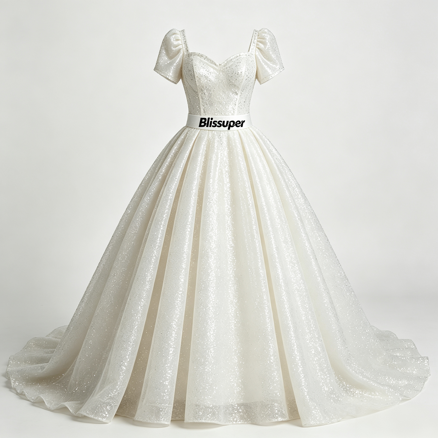 Blissuper Sparkling Ball Gown Wedding Dress Puff Short Sleeve Sweetheart Neck Glitter Tulle Train Formal Evening Gown for Wedding Prom