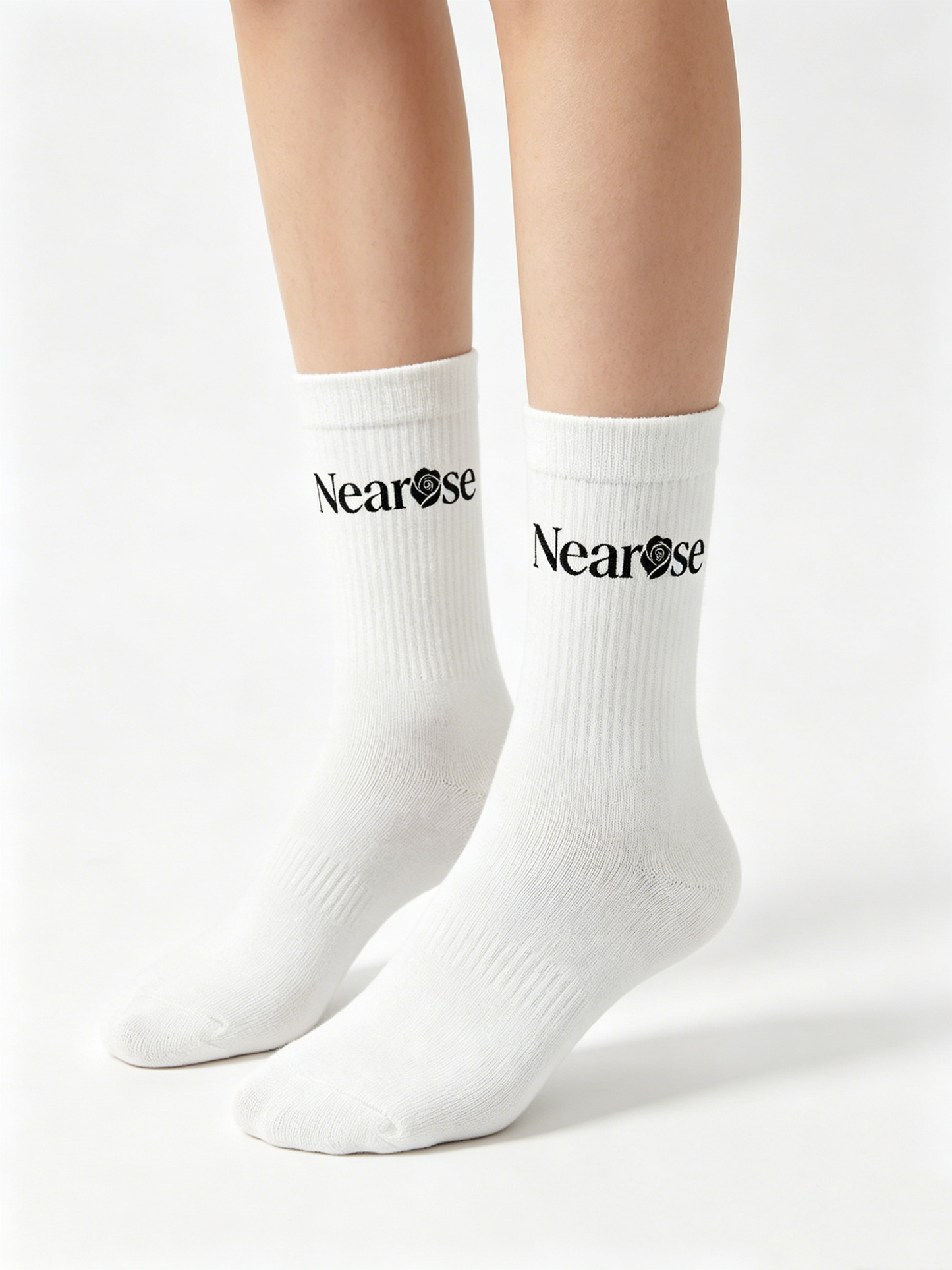 Nearose Minimalist White Crew Socks, Stretch Mid-Calf Cotton Socks for Women Streetwear Gym Daily Wear