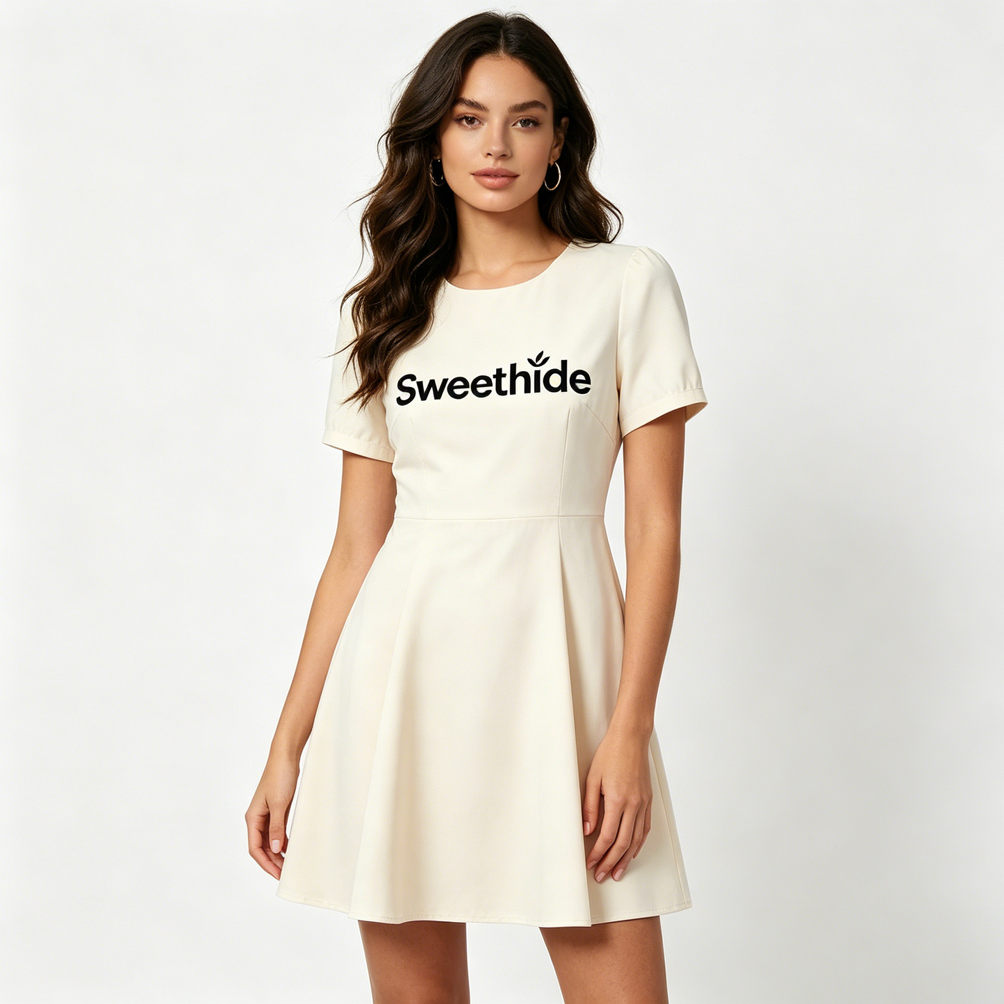 Sweethide Women's Short Sleeve A-Line Mini Dress, Casual Round Neck Fit-and-Flare Dress, Elegant Cream Flared Skater Dress for Daily & Party