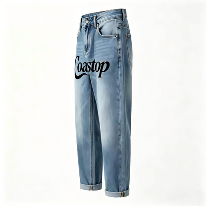 Coastop Washed Straight-Leg Jeans, Unisex Loose Wide-Leg Pants, Vintage Letter Print Casual Trousers for Men Women