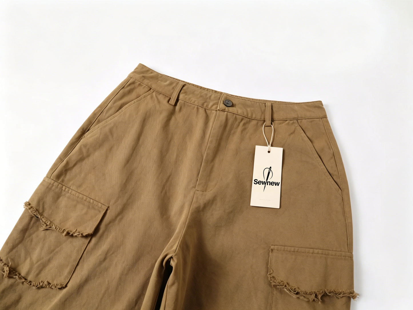 Sewnew Women's Khaki Cargo Pants, Raw Edge Multi Pocket Wide Leg Work Pants, Adjustable Drawstring Casual Streetwear Baggy Trousers