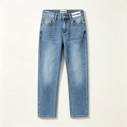Lunangle Men Classic Straight Leg Jeans, Light Wash Mid Rise Denim Pants Casual Regular Fit Ankle Length Denim Trousers