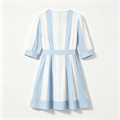 lotusky Women's Striped 3/4 Sleeve A Line Mini Dress, Round Neck Waisted Flare Short Dress for Summer Casual