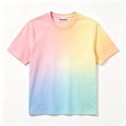 Moorbird Women’s Gradient Tie‑Dye Crew Neck Short Sleeve T‑Shirt, Dopamine Vibrant Color Summer Basic Tee, Soft Cotton‑Blend Relaxed Fit Casual Daily Street Vacation Top