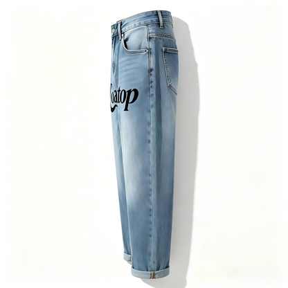Coastop Washed Straight-Leg Jeans, Unisex Loose Wide-Leg Pants, Vintage Letter Print Casual Trousers for Men Women