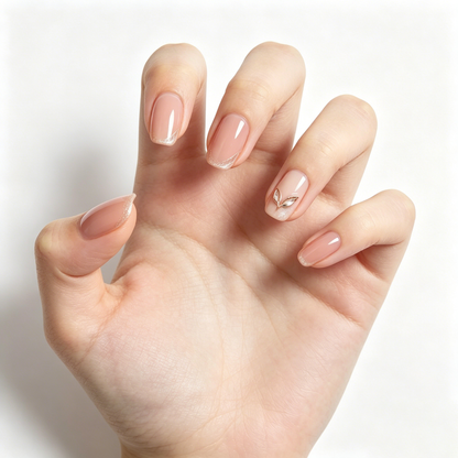 Armyouth Nude Press On Nails, Short Square Fake Nails with Gold Glitter French & 3D Leaf Decor, Reusable Glossy Stick On Nails, Natural False Nails for Daily Wear