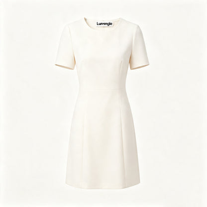 Lunangle Women Short Sleeve Crew Neck Sheath Mini Dress, Elegant Solid White Formal Office Work Dress Slim Fit Business Casual Short Dresses