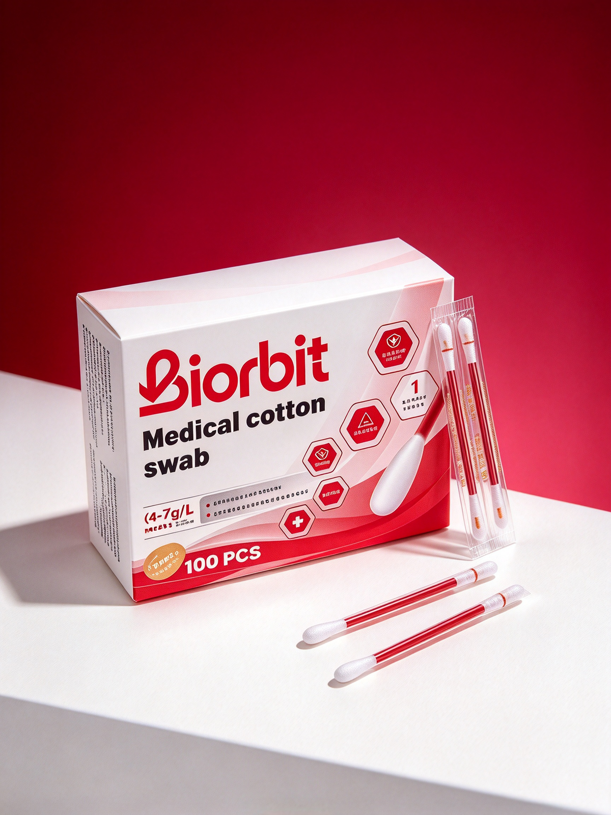 Biorbit Medical Cotton Swabs, 100 Count, Individually Wrapped Disposable Cotton Applicator Sticks for Wound Care, Skin Cleaning & First Aid