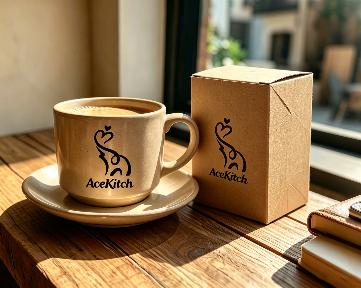 AceKitch Ceramic Coffee Mug with Saucer Set, Speckled Beige Espresso Cup, Stylish Latte Tea Cup for Home Kitchen Office, Ideal Gift for Coffee Lovers
