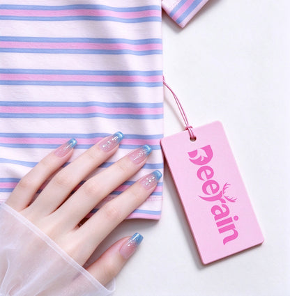 Deerain Kids Short Sleeve T-Shirt, Pink Blue White Striped Crew Neck Crop Top, Letter Print Casual Tee for Girls