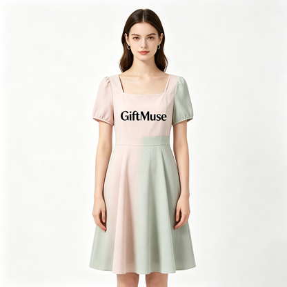 GiftMuse Square Neck Puff Sleeve Midi Dress Women Color Block A-Line Flowy Swing Casual Party Dress