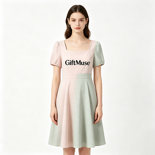 GiftMuse Square Neck Puff Sleeve Midi Dress Women Color Block A-Line Flowy Swing Casual Party Dress