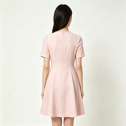 ONEASE Blush Pink Short Sleeve A-Line Mini Dress, Crew Neck Flared Work Casual Office Knee Length Dress for Women