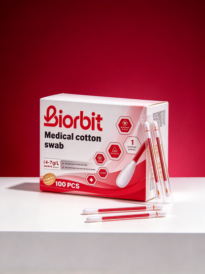 Biorbit Medical Cotton Swabs, 100 Count, Individually Wrapped Disposable Cotton Applicator Sticks for Wound Care, Skin Cleaning & First Aid