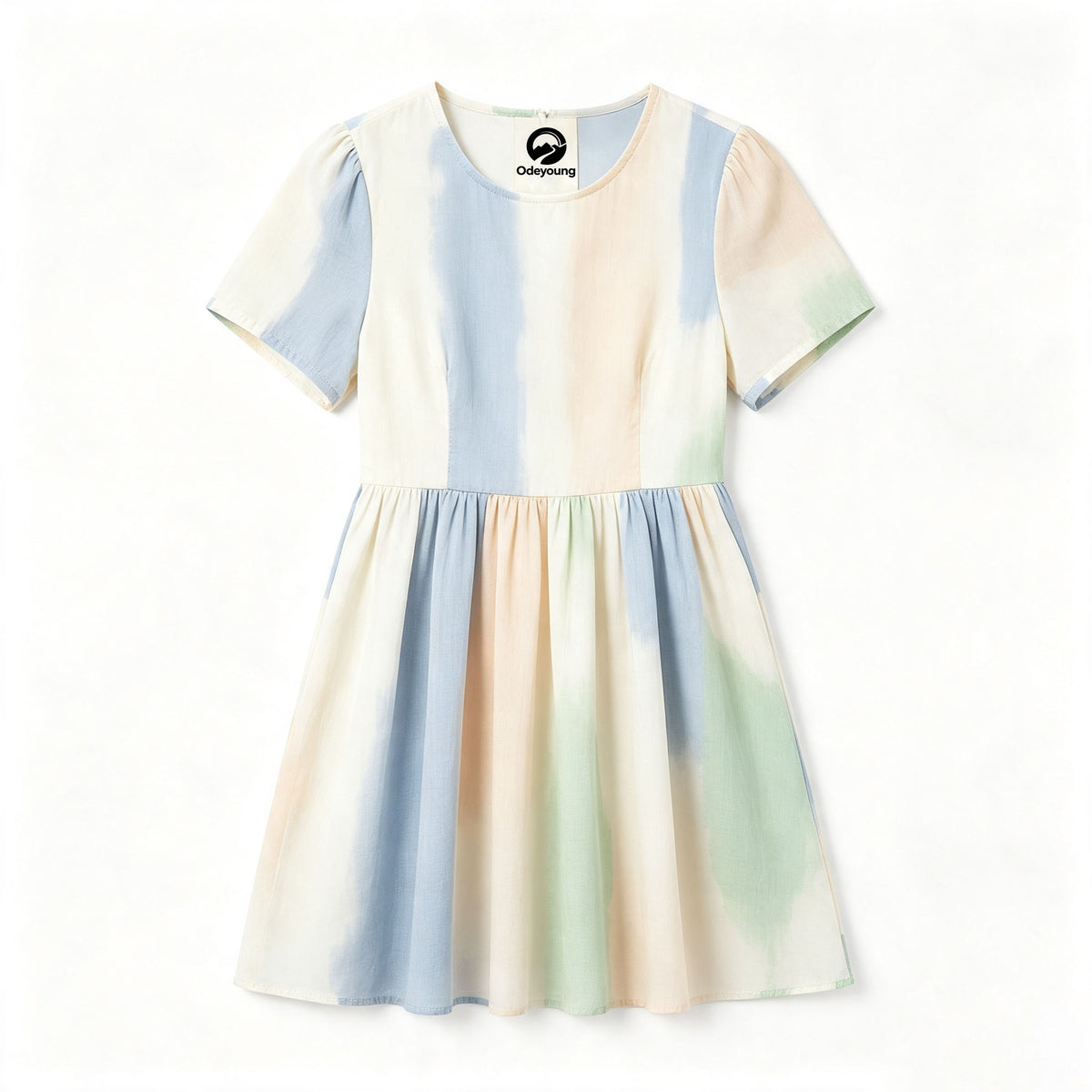 Odeyoung Pastel Gradient Casual Dress, Puff Short Sleeve High Waist Flowy Swing Mini Dress for Women