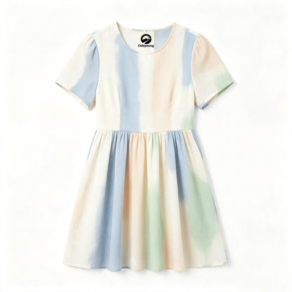 Odeyoung Pastel Gradient Casual Dress, Puff Short Sleeve High Waist Flowy Swing Mini Dress for Women