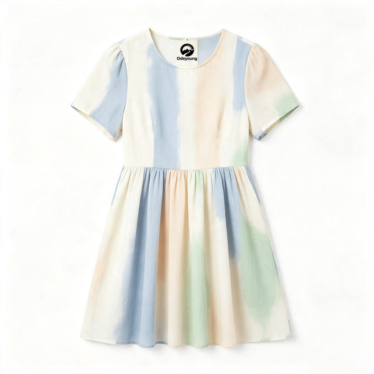 Odeyoung Pastel Gradient Casual Dress, Puff Short Sleeve High Waist Flowy Swing Mini Dress for Women