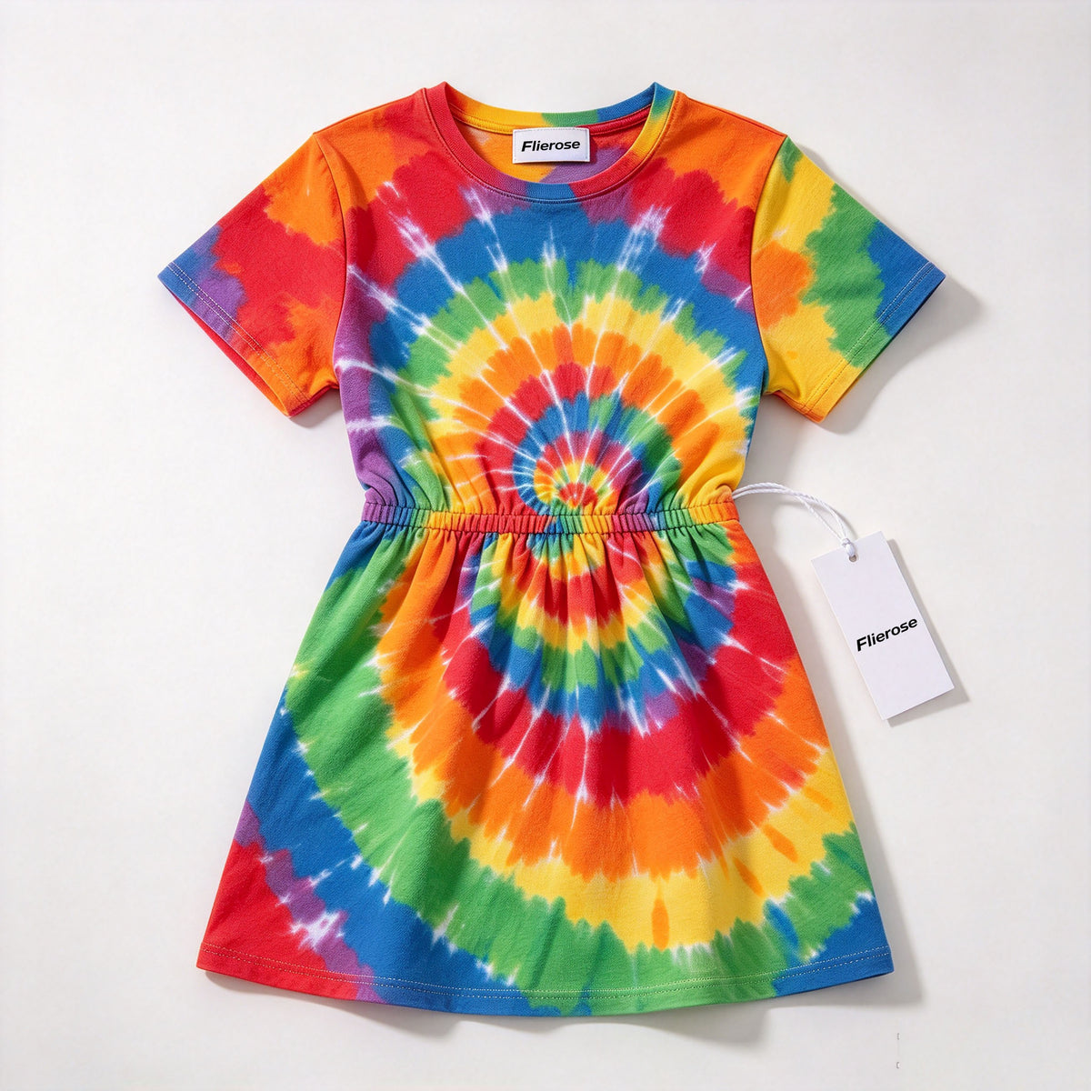 Flierose Girls Short Sleeve Tie-Dye Dress, Elastic Waist Casual A-Line Dress for Kids Daily Wear