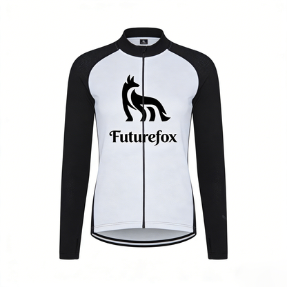 Futurefox Long Sleeve Cycling Jersey for Men Women, Black and White Color-Block Athletic Top with Full-Zip, Breathable Quick-Dry Bike Shirt with Back Pockets, Sports Cycling Wear