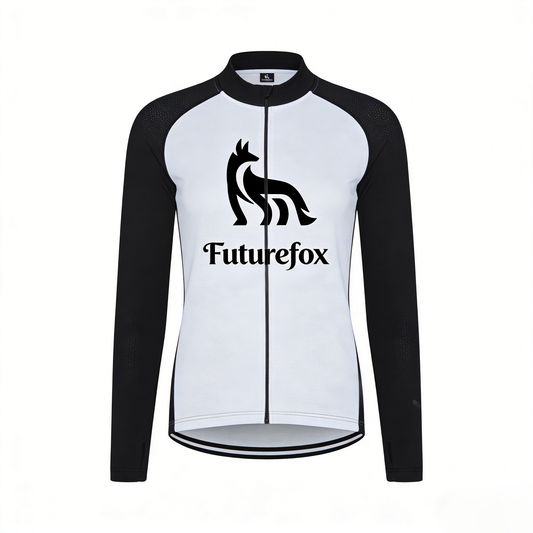 Futurefox Long Sleeve Cycling Jersey for Men Women, Black and White Color-Block Athletic Top with Full-Zip, Breathable Quick-Dry Bike Shirt with Back Pockets, Sports Cycling Wear