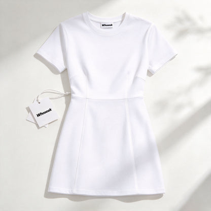 Whoseek Women Short Sleeve Crew Neck Mini Dress, Casual A-Line Flare Short Dress for Daily Dating Party