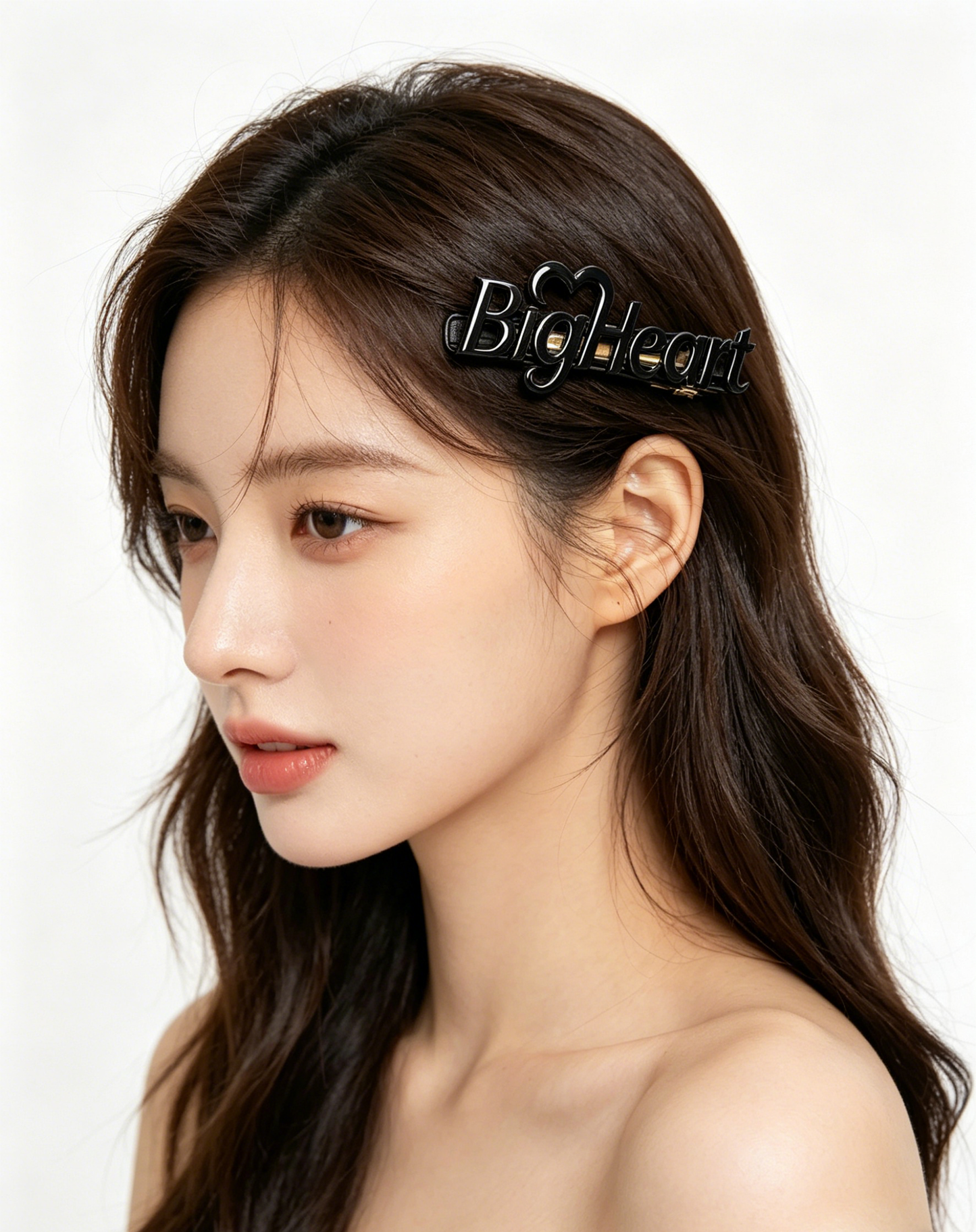 BigHeart Letter Hair Barrettes for Women, Glossy Black Metal Spring Hair Clip, Cute Heart Accent Hair Barrette, Fashion Side Hair Pins for Daily Makeup Party Dating Hair Accessories Gift for Girls