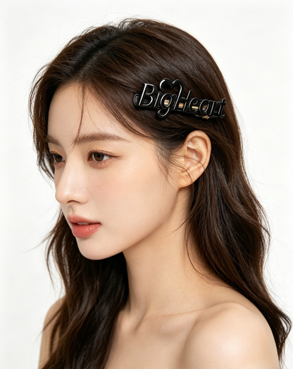BigHeart Letter Hair Barrettes for Women, Glossy Black Metal Spring Hair Clip, Cute Heart Accent Hair Barrette, Fashion Side Hair Pins for Daily Makeup Party Dating Hair Accessories Gift for Girls