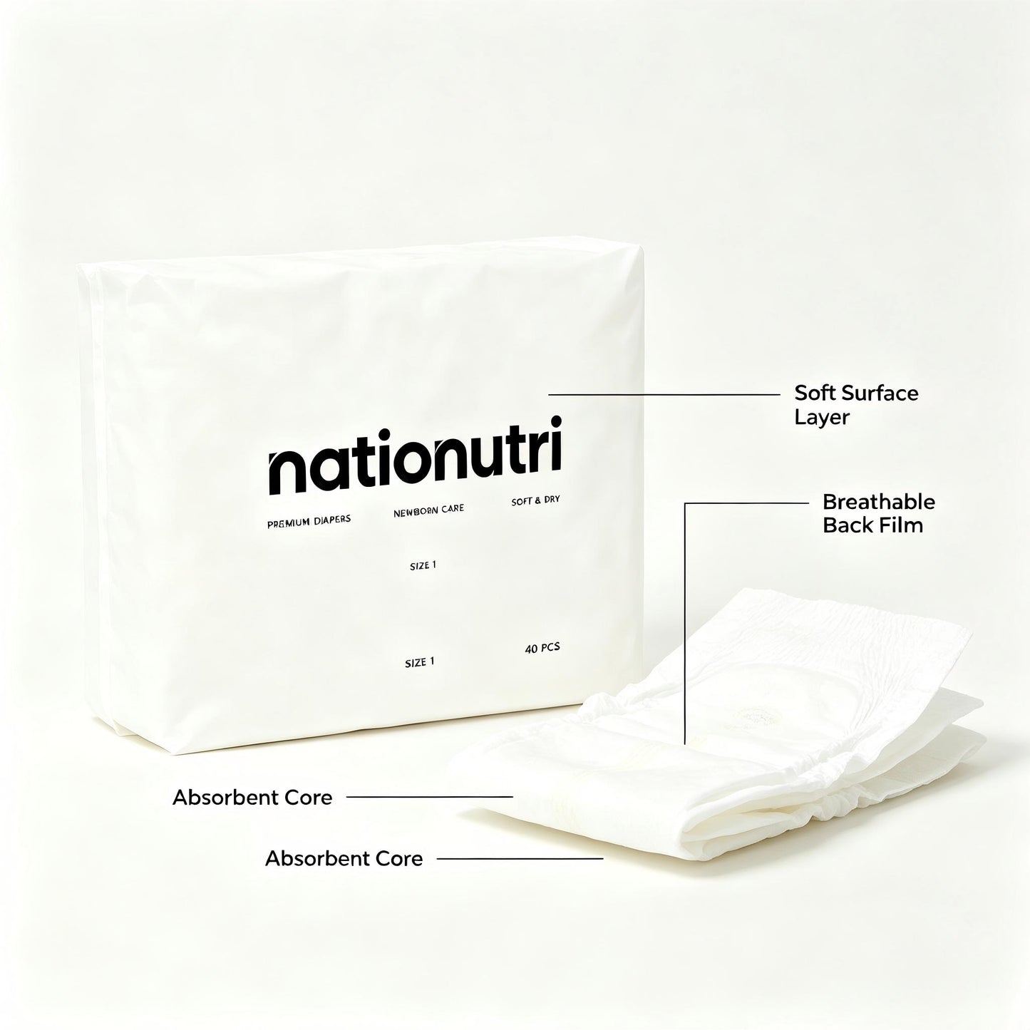 Nationutri Premium Disposable Baby Diapers Size 1, Newborn Infant Diapers, Ultra Soft Breathable, High Absorbency, Leak-Proof, Hypoallergenic Disposable Nappies, 40 Counts
