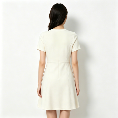 LotLike Women’s Cream Crew Neck Short Sleeve Mini Dress, Slim Fit Flare A Line Casual Dress, Soft Stretch Office Daily Summer T Shirt Dress