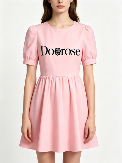 【Doorose Pink Puff-Sleeve Dress】—— Elegant & Versatile Daily Wear