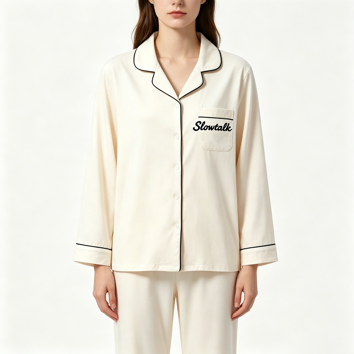 Slowtalk Women's Long Sleeve Pajama Set, Soft Cotton Blend Button-Down Sleepwear, 2-Piece Loungewear with Contrast Piping, Cozy Nightwear for All Seasons